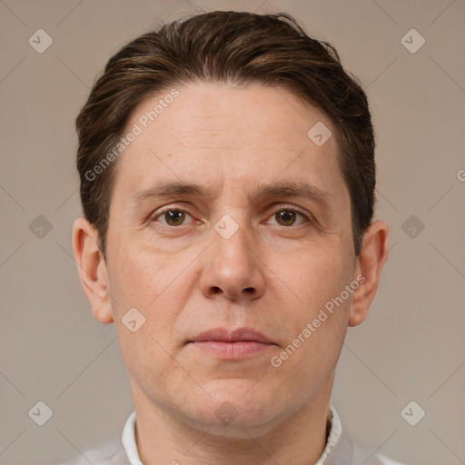 Neutral white adult male with short  brown hair and brown eyes