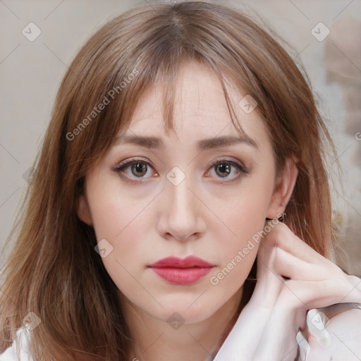 Neutral white young-adult female with medium  brown hair and brown eyes