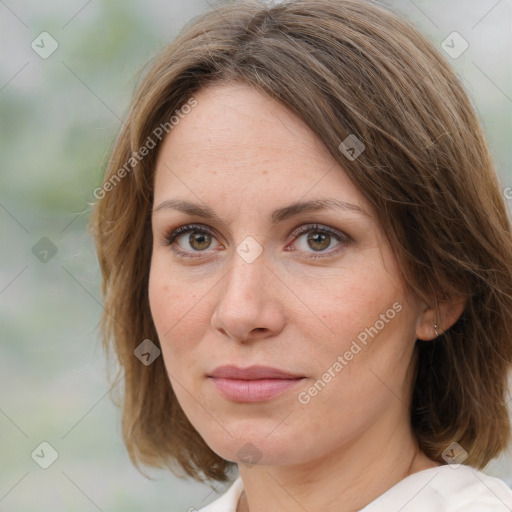 Joyful white adult female with medium  brown hair and brown eyes