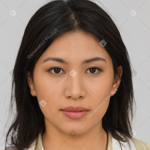 Neutral asian young-adult female with medium  brown hair and brown eyes