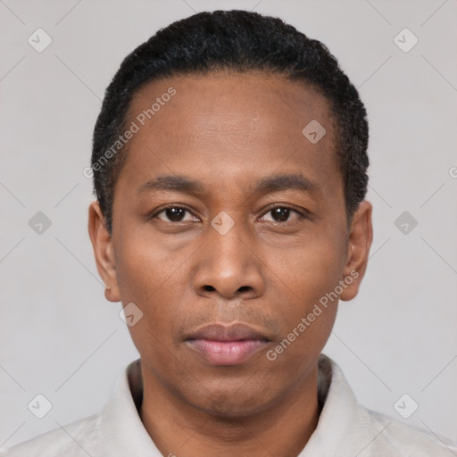Neutral black young-adult male with short  black hair and brown eyes