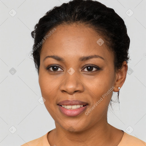 Joyful latino young-adult female with short  black hair and brown eyes