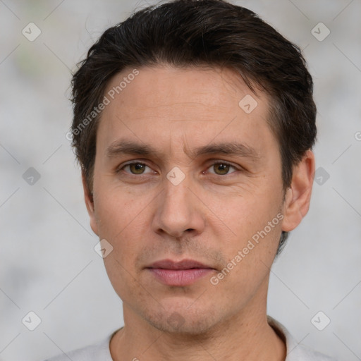 Neutral white adult male with short  brown hair and brown eyes