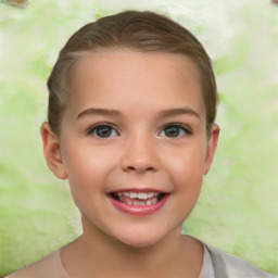 Joyful white child female with short  brown hair and brown eyes