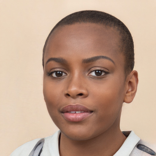 Neutral black young-adult female with short  brown hair and brown eyes