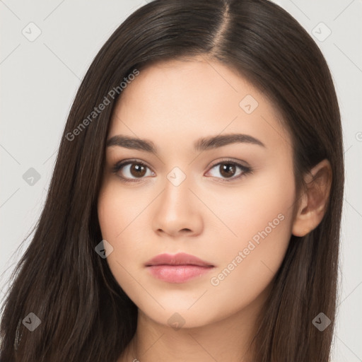 Neutral white young-adult female with long  brown hair and brown eyes