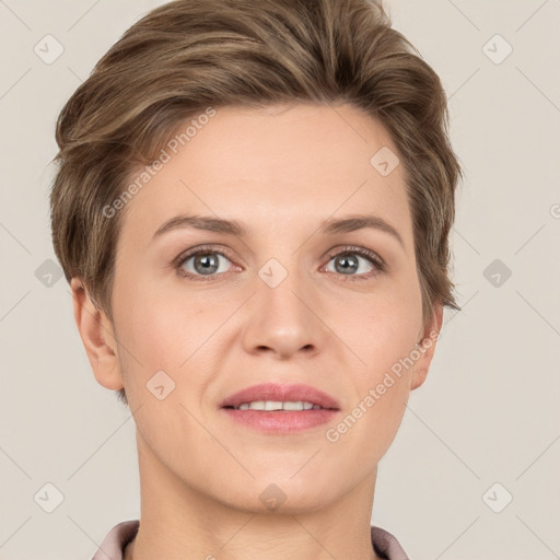 Joyful white young-adult female with short  brown hair and grey eyes