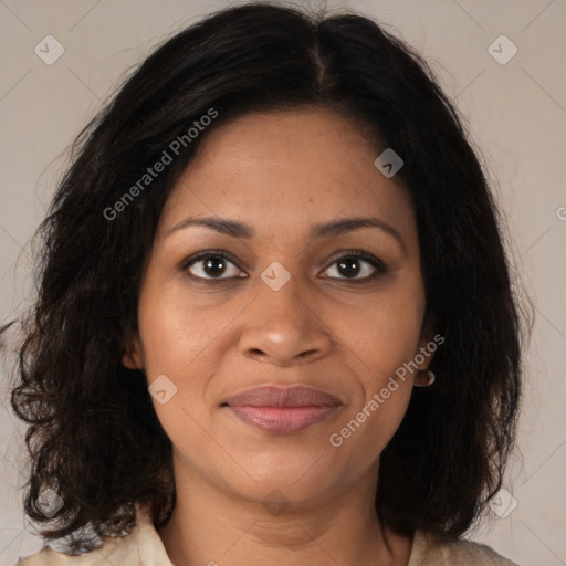 Joyful black young-adult female with medium  brown hair and brown eyes