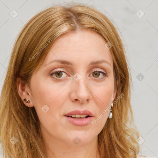 Joyful white young-adult female with long  brown hair and blue eyes