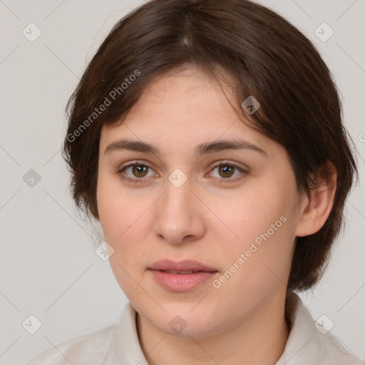 Neutral white young-adult female with medium  brown hair and brown eyes