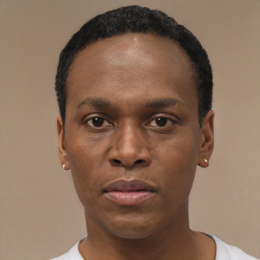Neutral black young-adult male with short  black hair and brown eyes