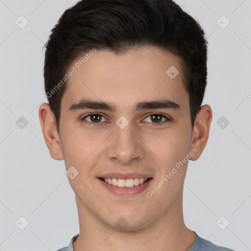 Joyful white young-adult male with short  brown hair and brown eyes