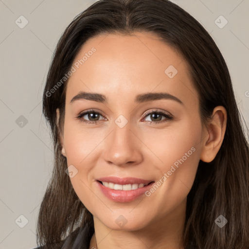 Joyful white young-adult female with long  brown hair and brown eyes