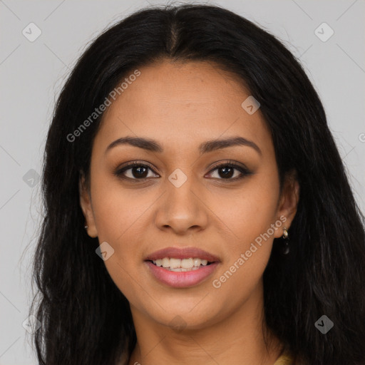 Joyful latino young-adult female with long  brown hair and brown eyes