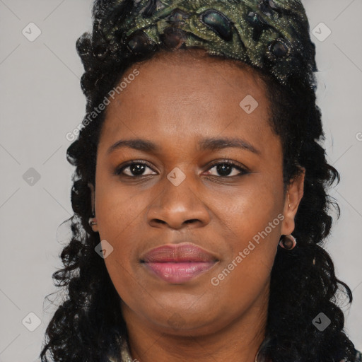 Joyful black young-adult female with long  brown hair and brown eyes