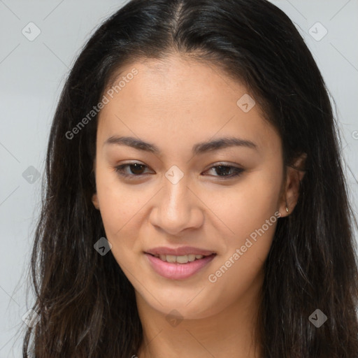 Joyful asian young-adult female with long  brown hair and brown eyes