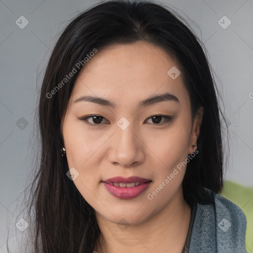 Joyful asian young-adult female with long  brown hair and brown eyes