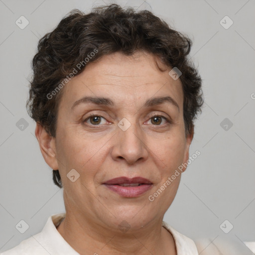 Joyful white adult female with short  brown hair and brown eyes