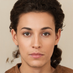 Neutral white young-adult female with short  brown hair and brown eyes