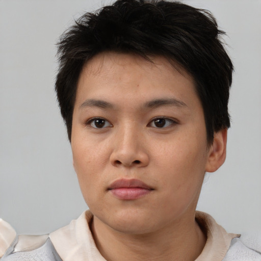 Neutral asian young-adult female with short  brown hair and brown eyes
