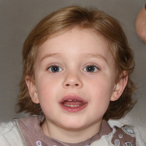 Joyful white child female with medium  brown hair and blue eyes