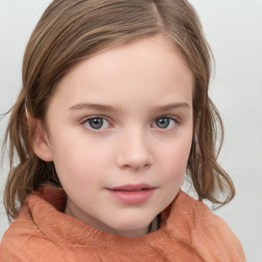 Neutral white child female with medium  brown hair and blue eyes