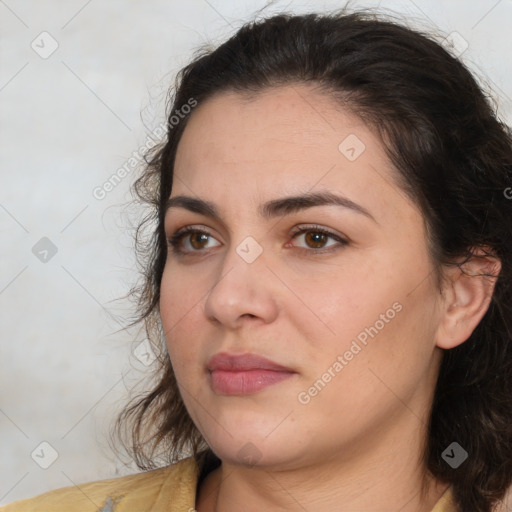 Neutral white young-adult female with medium  brown hair and brown eyes