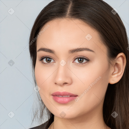 Neutral white young-adult female with long  brown hair and brown eyes