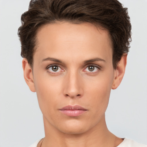 Neutral white young-adult female with short  brown hair and brown eyes