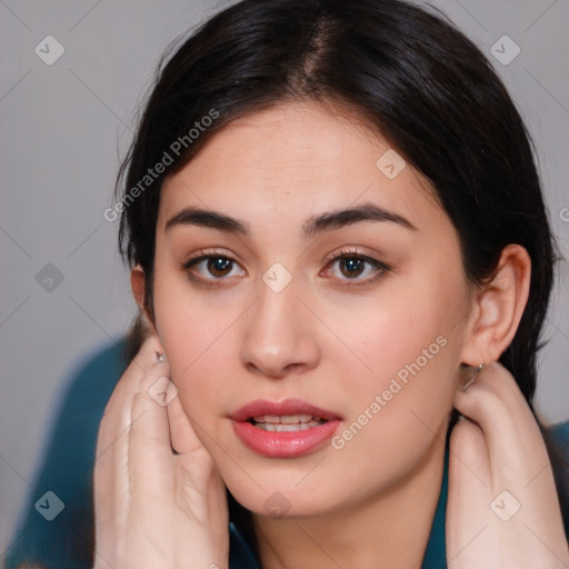 Neutral white young-adult female with medium  brown hair and brown eyes