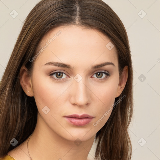 Neutral white young-adult female with long  brown hair and brown eyes