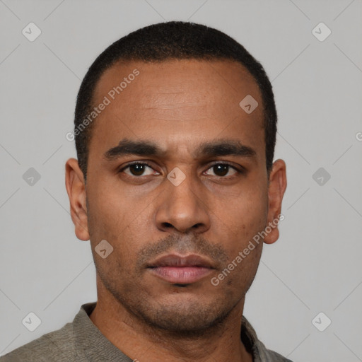 Neutral latino young-adult male with short  black hair and brown eyes