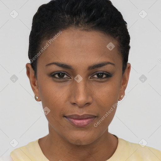 Joyful latino young-adult female with short  brown hair and brown eyes
