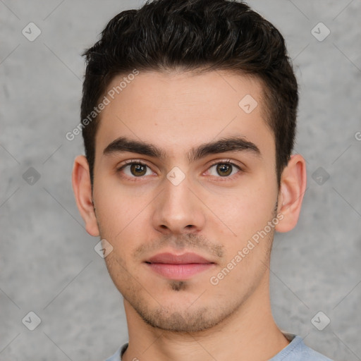 Neutral white young-adult male with short  brown hair and brown eyes