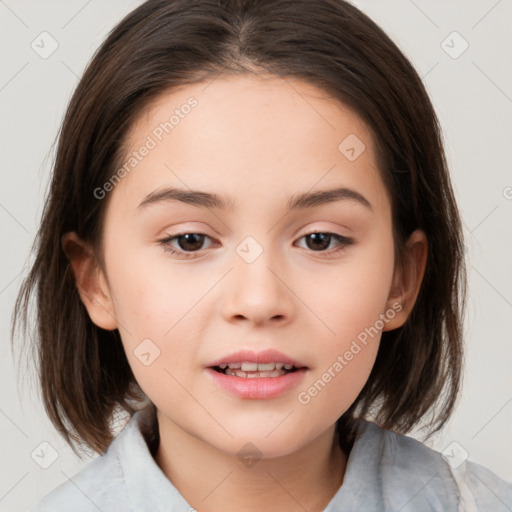 Joyful white child female with medium  brown hair and brown eyes