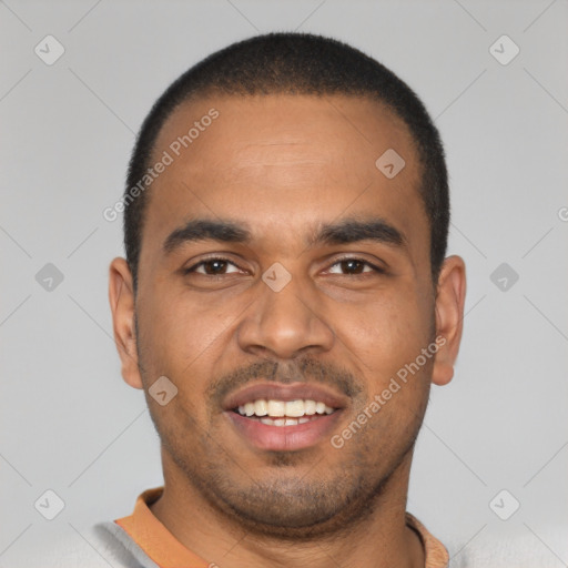 Joyful latino young-adult male with short  black hair and brown eyes