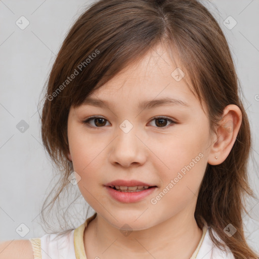 Joyful white child female with medium  brown hair and brown eyes