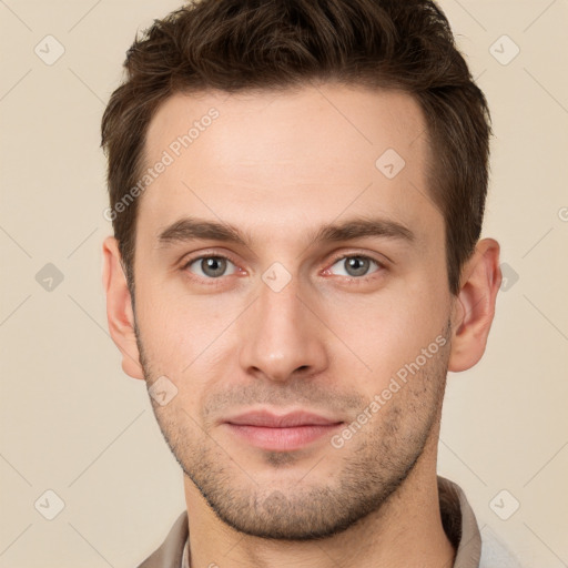 Neutral white young-adult male with short  brown hair and grey eyes