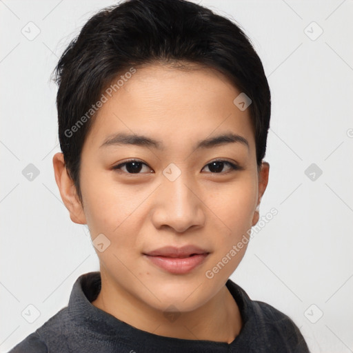 Joyful asian young-adult female with short  brown hair and brown eyes