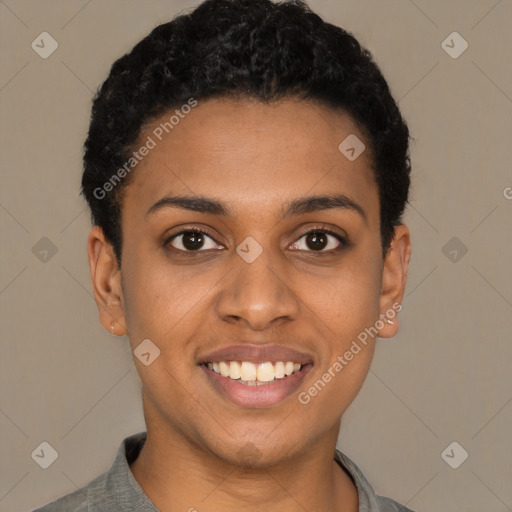 Joyful latino young-adult female with short  black hair and brown eyes