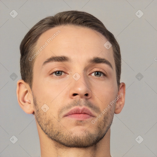 Neutral white young-adult male with short  brown hair and brown eyes