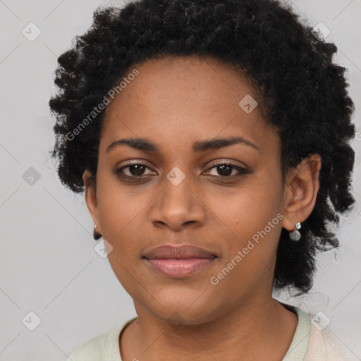 Neutral black young-adult female with short  black hair and brown eyes