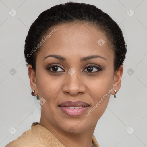 Joyful black young-adult female with short  brown hair and brown eyes