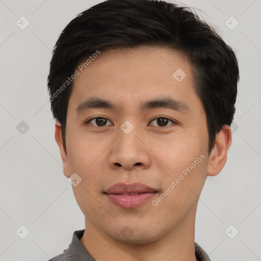 Neutral asian young-adult male with short  black hair and brown eyes