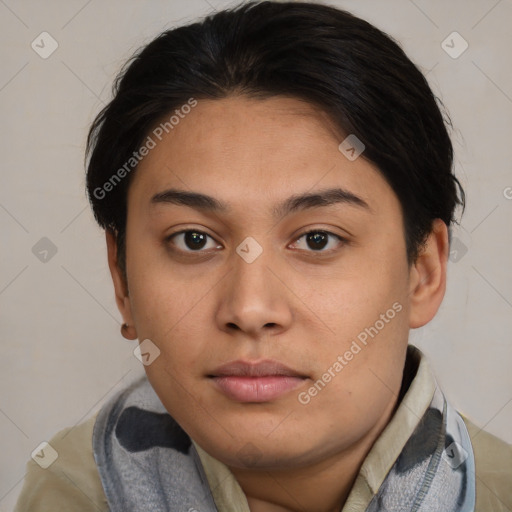 Neutral asian young-adult female with short  brown hair and brown eyes