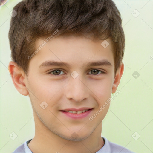 Joyful white child male with short  brown hair and brown eyes