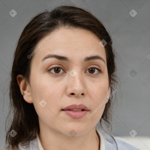 Neutral white young-adult female with medium  brown hair and brown eyes