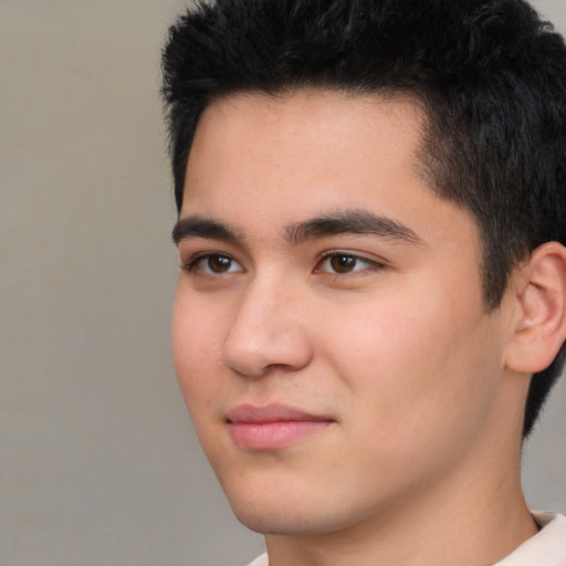Neutral white young-adult male with short  black hair and brown eyes
