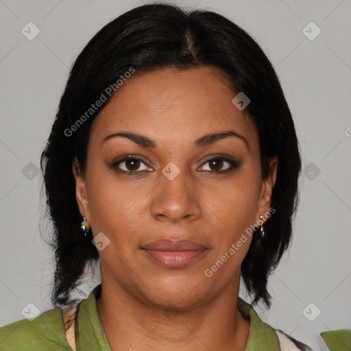 Joyful black young-adult female with medium  brown hair and brown eyes