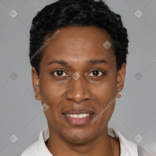 Joyful black young-adult female with short  black hair and brown eyes
